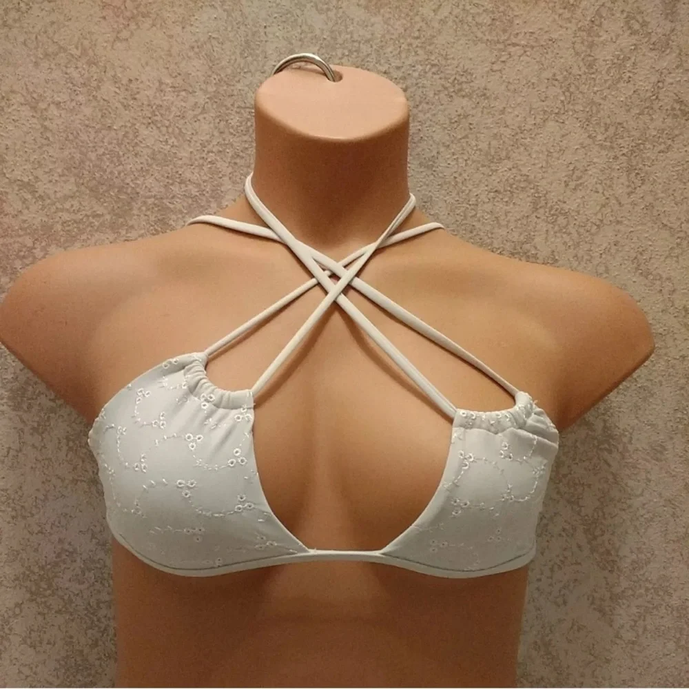 La Hearts White Embroidered Halter Bikini Top